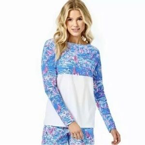 Lilly Pulitzer Finn Top Zanzibar Blue Boatylicious Sailboat Print NWT Large